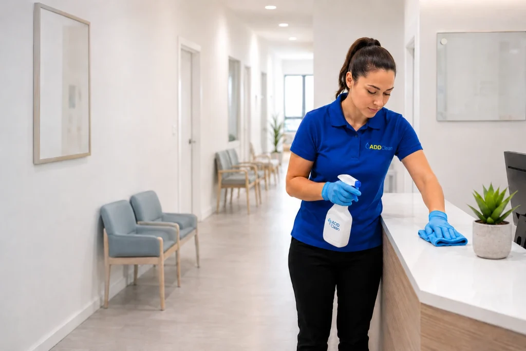 Commercial Cleaner cleaning a health reception.