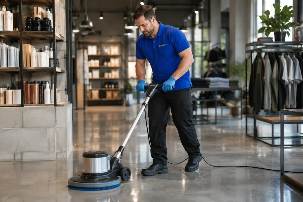 Add Clean team member cleaning the floor of a clothing store in Perth CBD.
