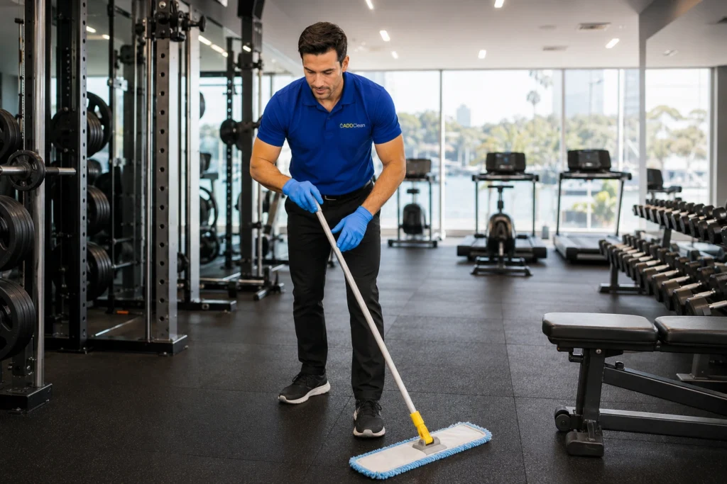 Cleaner maintaining mats and flooring in a Perth boxing gym