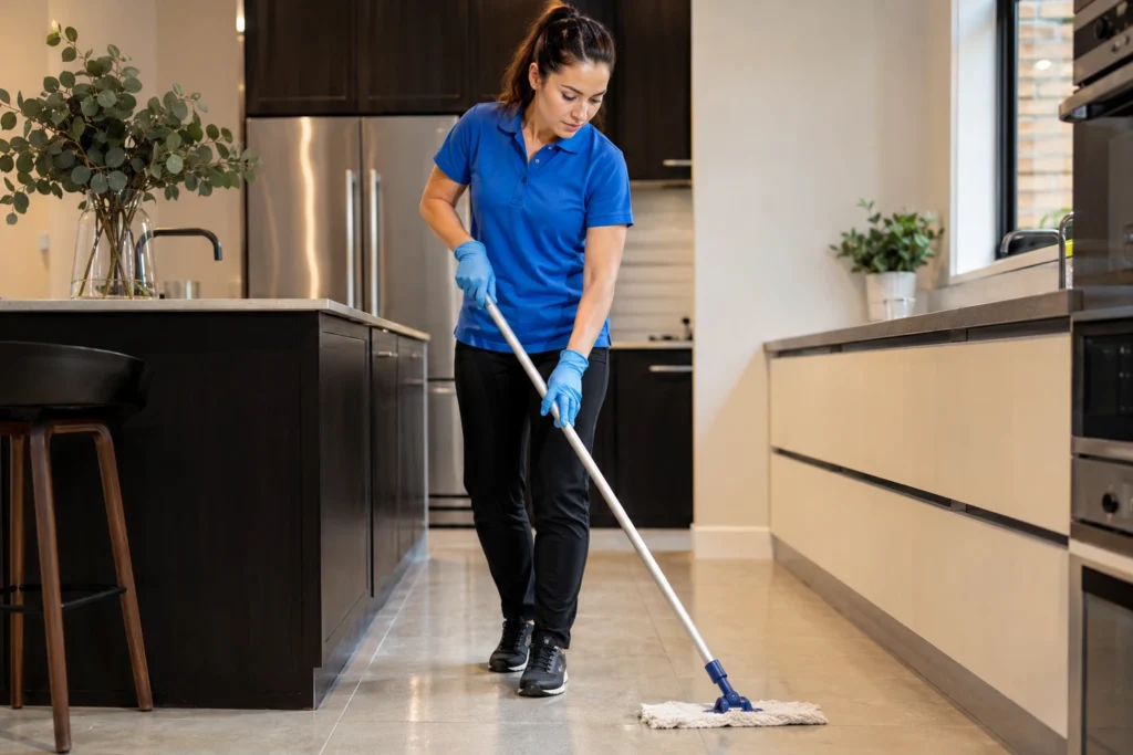 House cleaner wiping kitchen surfaces in a Perth family home